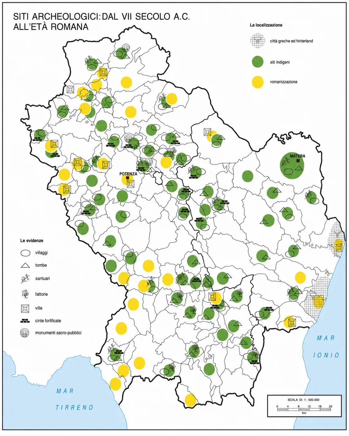 Mappa dei luoghi e dei siti archeologici della Basilicata e del territorio di Vietri di Potenza